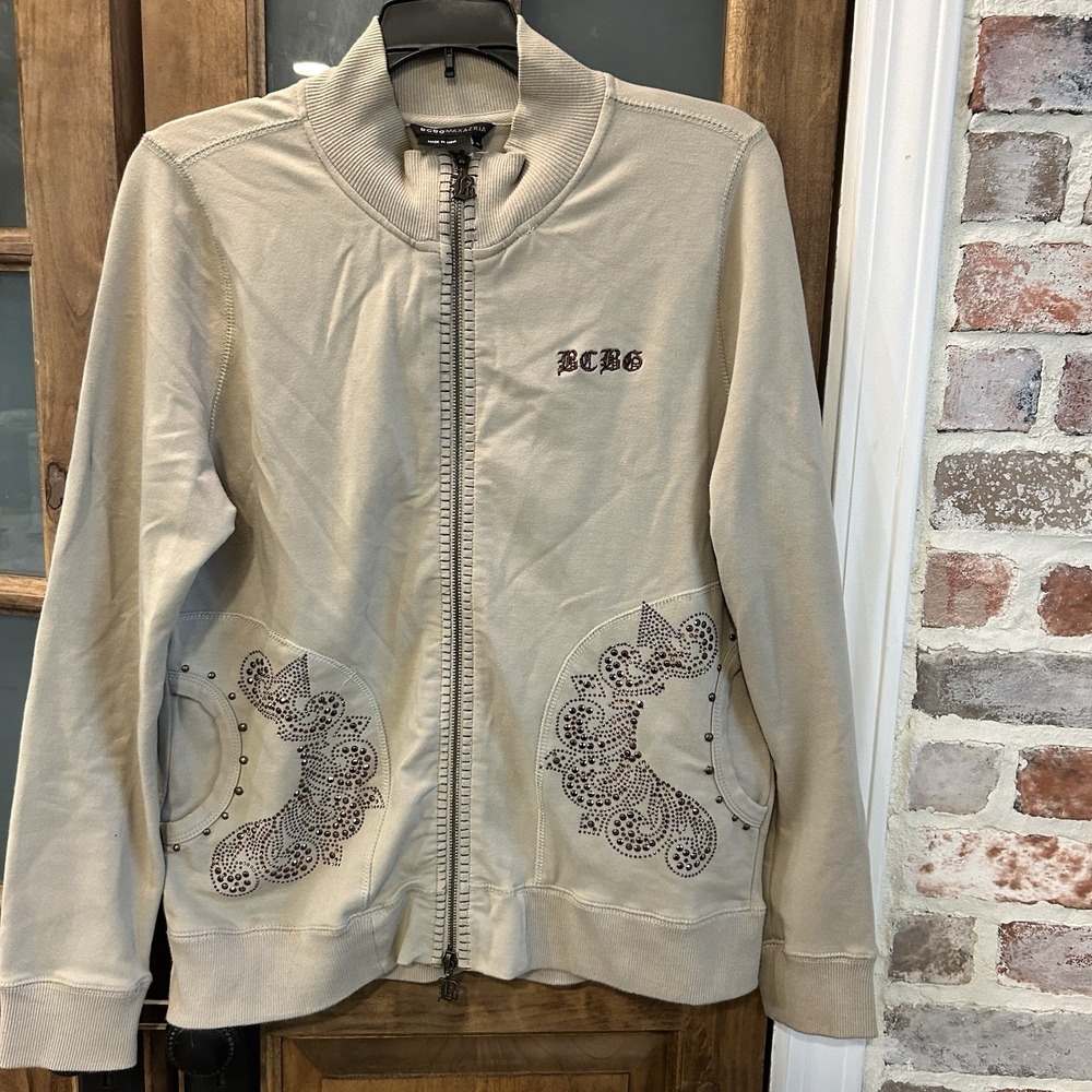 BCBG Max Azria Zip Up Jacket Women XL Tan Embellished Rhinestone Mock Neck 2000s